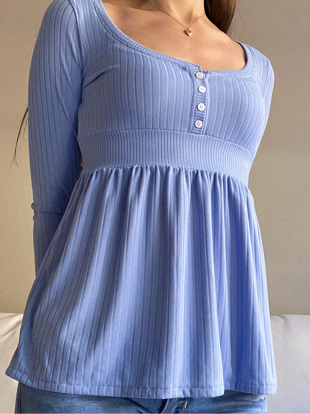 Handmade Light Blue Ribbed Button Up Babydoll Long Sleeve Top